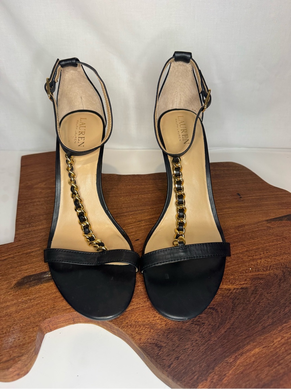 Lauren Ralph Lauren Black Gold Chain T-Strap Stiletto Heels Est. Size 9